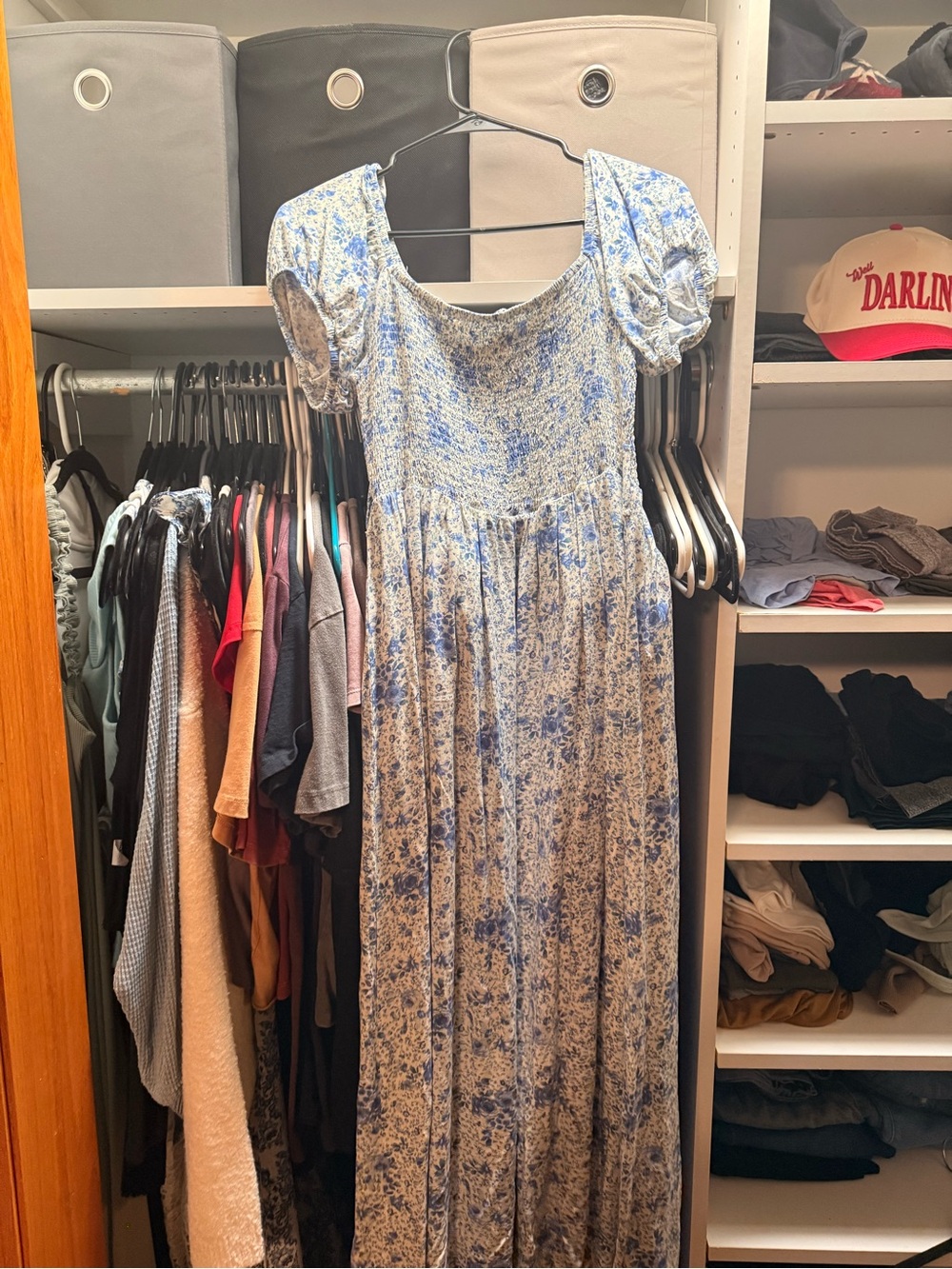 Wallflower Blue and Cream Floral Puff-Sleeve Maxi Dress